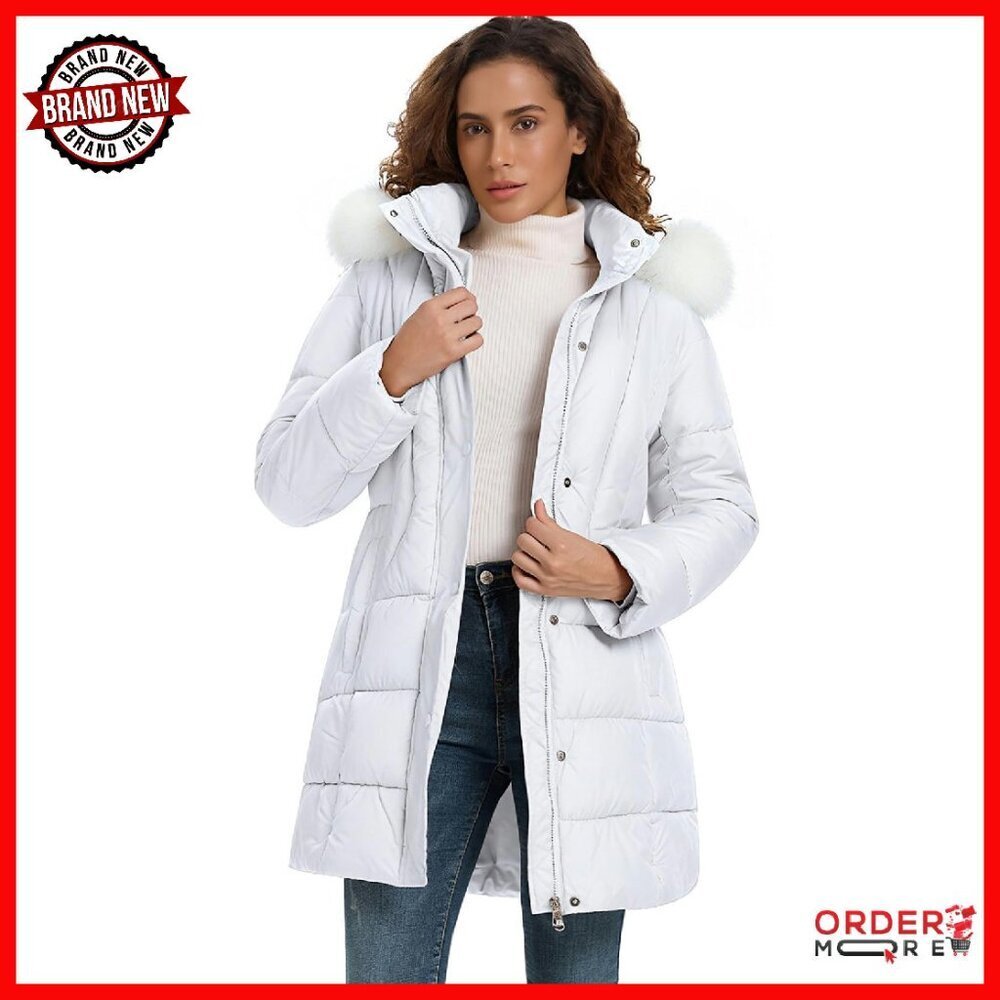 Women's Long Winter Down Puffer Coat with Detachable Faux Fur Hood